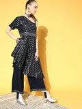 Ahalyaa Women Navy Blue Colour Rayon Silver Foil Printed Top Palazzo Set | Grocsy
