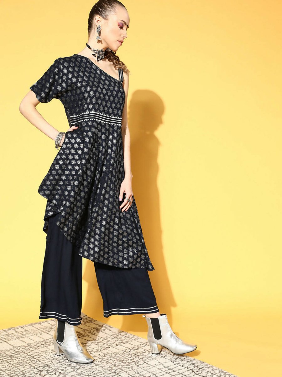 Ahalyaa Women Navy Blue Colour Rayon Silver Foil Printed Top Palazzo Set | Grocsy