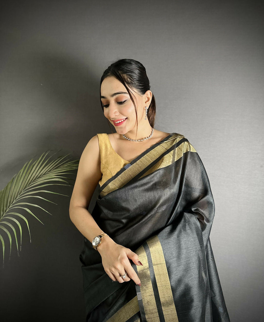 Joban Fashion Black Woven Pattern Raw Silk Kanjivaram Silk Saree | Grocsy
