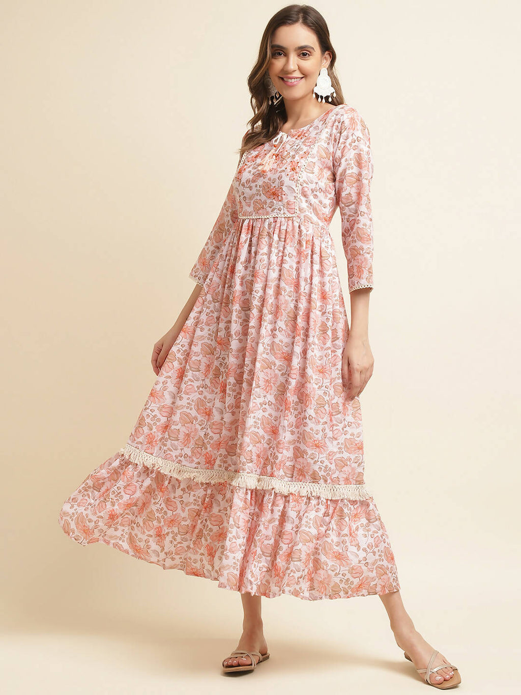 Orange Linen Floral Printed Fit & Flare Dress - Yukti | Grocsy