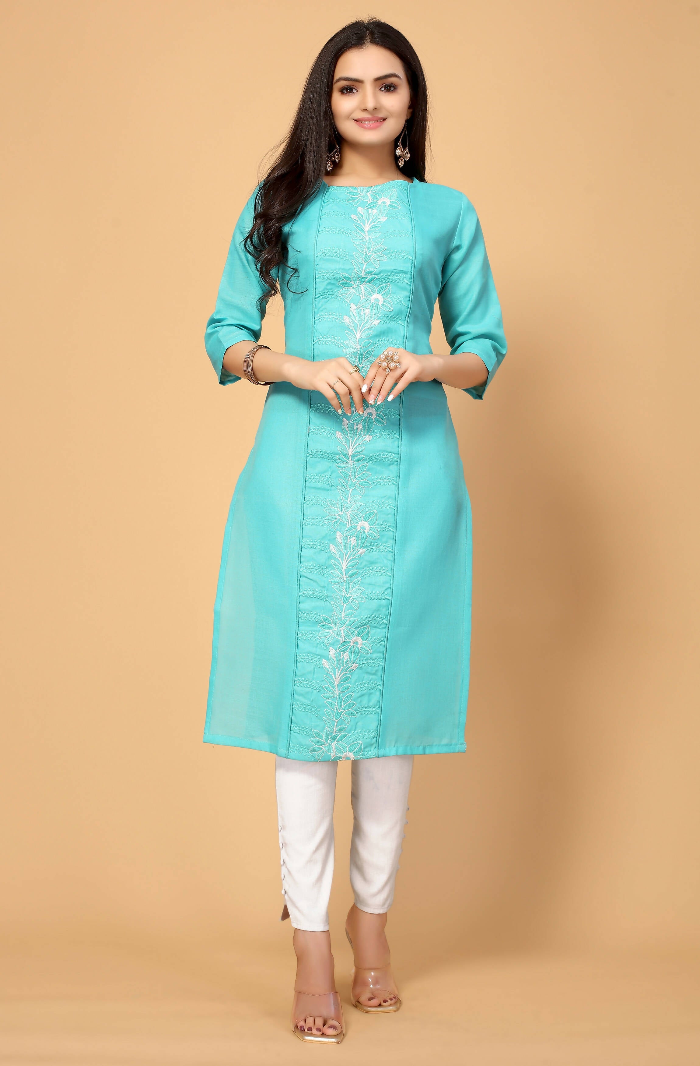 Light Green Cottan Slub Embroidery Kurti - Umi | Grocsy