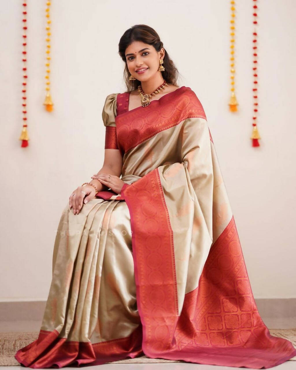 DEIANA'S Beautiful Designer Golden zari Soft Lichi Silk Saree - Cream | Grocsy