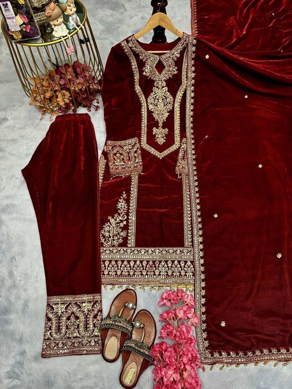 Teeya Creation Maroon Color Velvet Fabric Designer Embroidery Work Suit | Grocsy