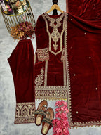 Teeya Creation Maroon Color Velvet Fabric Designer Embroidery Work Suit | Grocsy