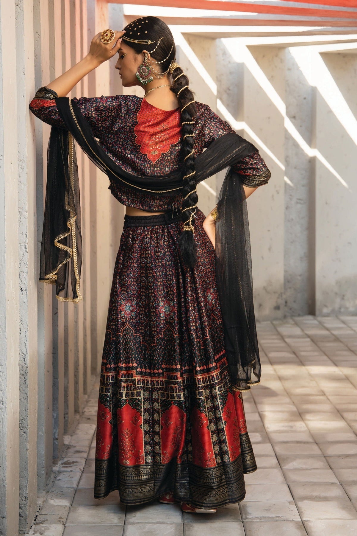 Juniper Black Ethnic Motif Printed Dull Satin Lehenga Choli & Net Dupatta Set | Grocsy