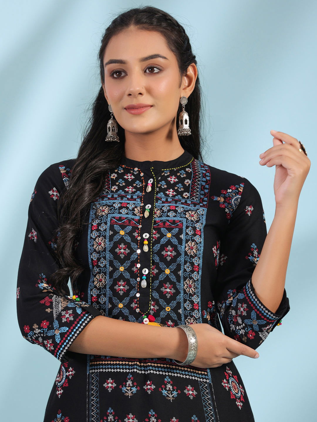 Juniper Black Ethnic Motif Printed Rayon Calf Length Straight Kurta With Kaudis Kantha Work & Sequins | Grocsy