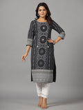 Juniper Women's Black Ethnic Motif Printed Rayon Slub Kurta With Beads & Sequins Work | Grocsy