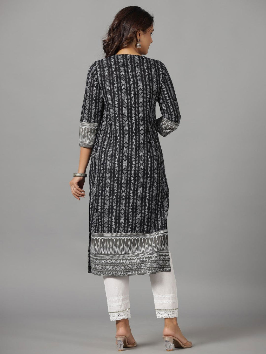 Juniper Women's Black Ethnic Motif Printed Rayon Slub Kurta With Beads & Sequins Work | Grocsy