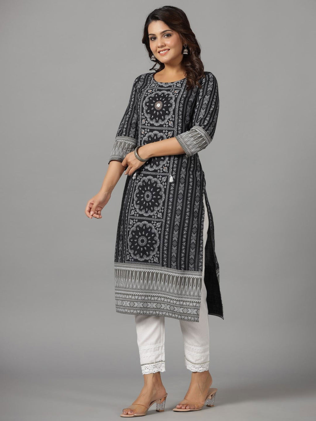 Juniper Women's Black Ethnic Motif Printed Rayon Slub Kurta With Beads & Sequins Work | Grocsy