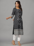 Juniper Women's Black Ethnic Motif Printed Rayon Slub Kurta With Beads & Sequins Work | Grocsy