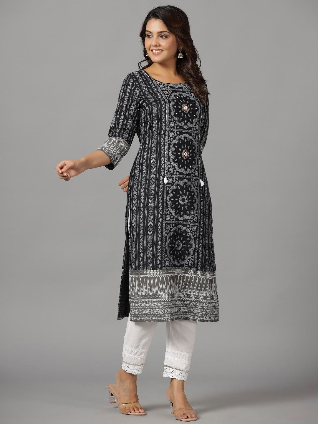 Juniper Women's Black Ethnic Motif Printed Rayon Slub Kurta With Beads & Sequins Work | Grocsy