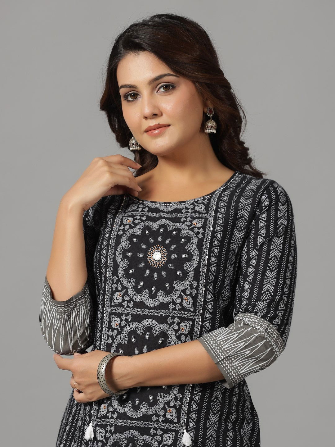 Juniper Women's Black Ethnic Motif Printed Rayon Slub Kurta With Beads & Sequins Work | Grocsy