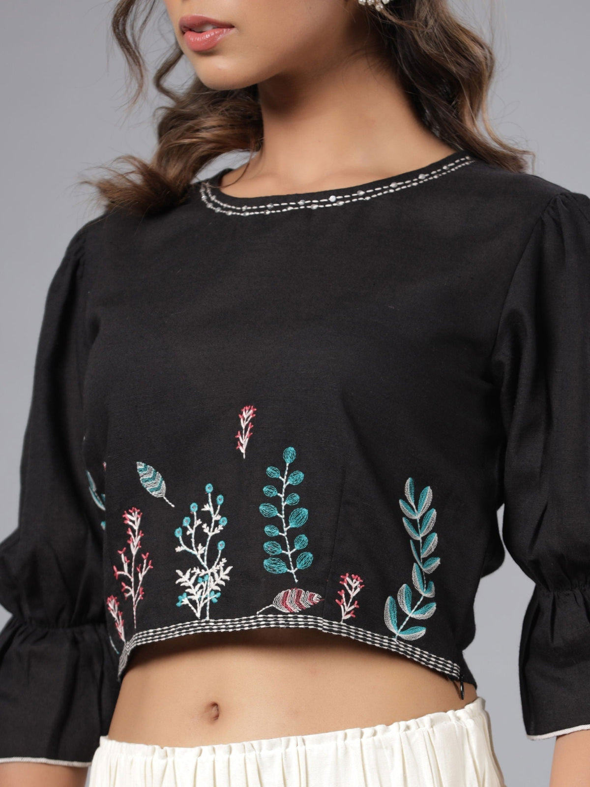Juniper Black Floral Printed Rayon Flex Crop Top With Thread Embroidery | Grocsy