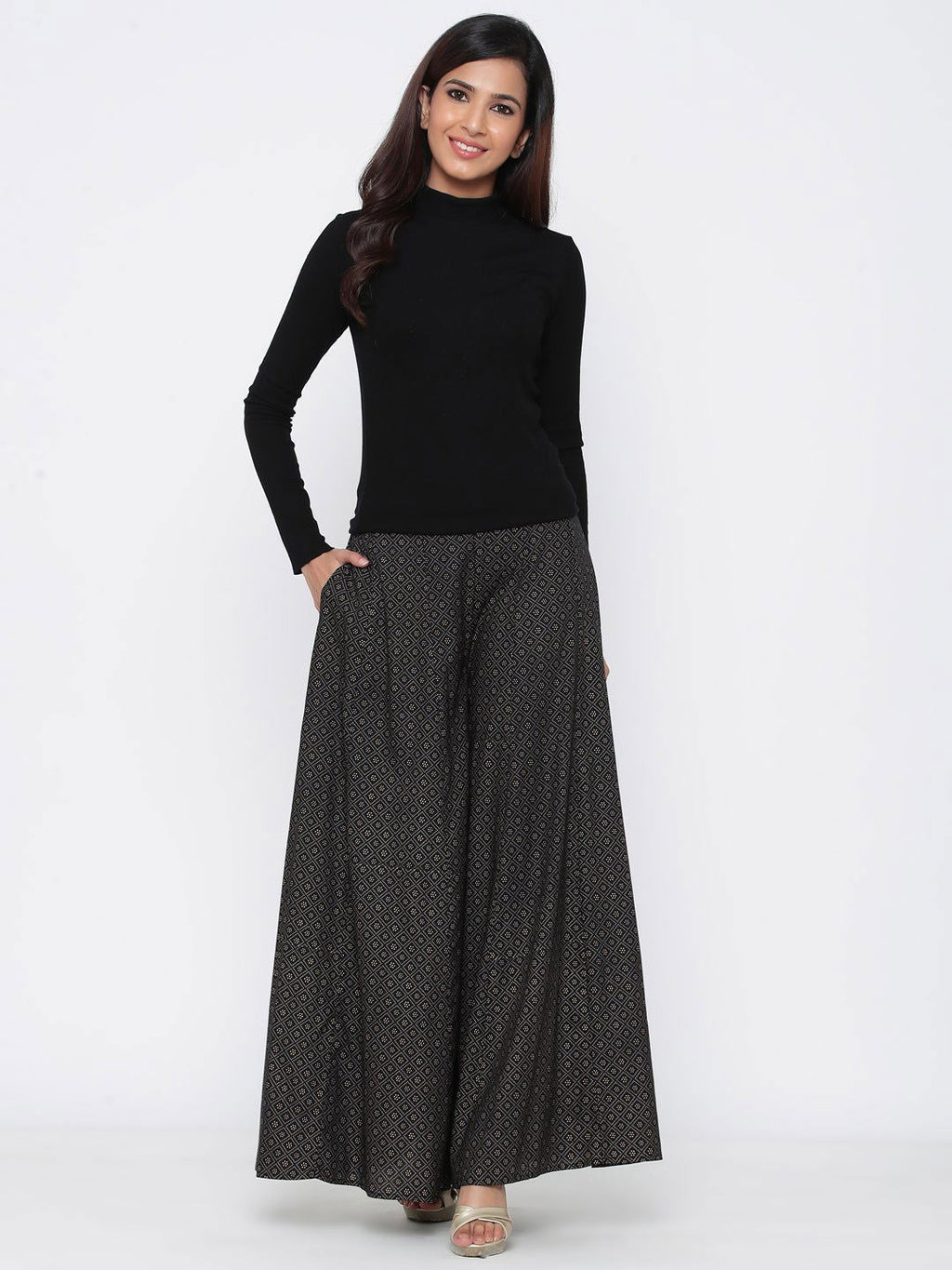 Juniper Black Geometric Printed Rayon Flared Women Palazzo With One Pocket | Grocsy