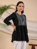 Juniper Women's Black Geometric Printed Rayon Tunic With Thread Work | Grocsy