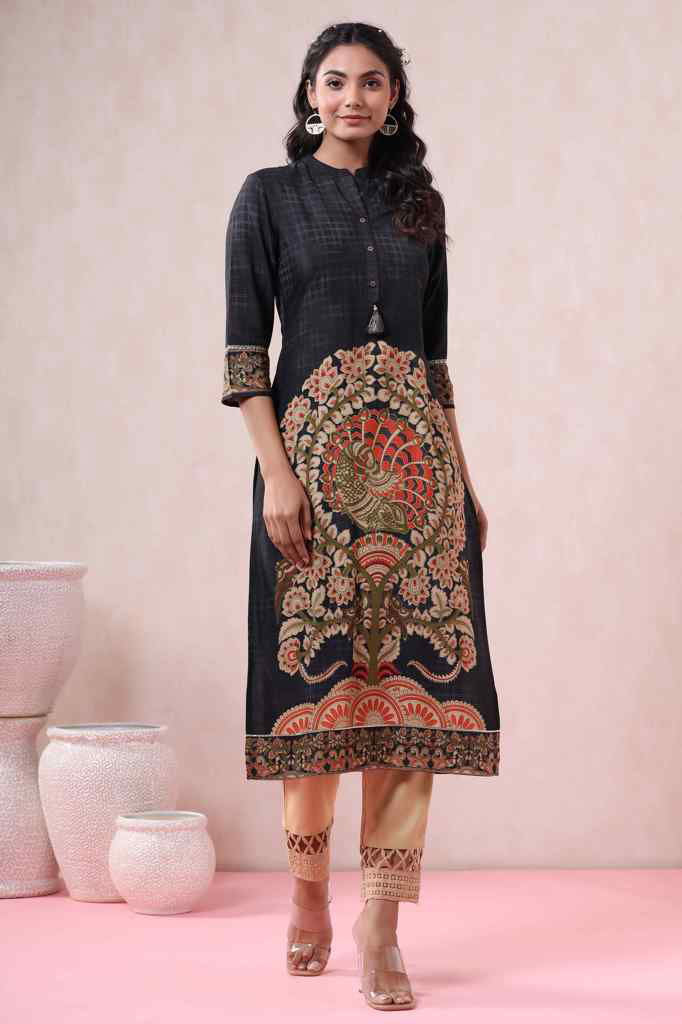 Juniper Black Liva Rayon Printed Straight Kurta | Grocsy