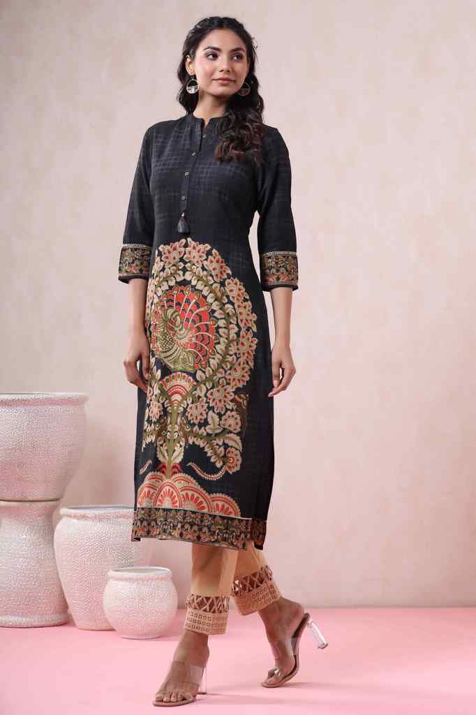 Juniper Black Liva Rayon Printed Straight Kurta | Grocsy