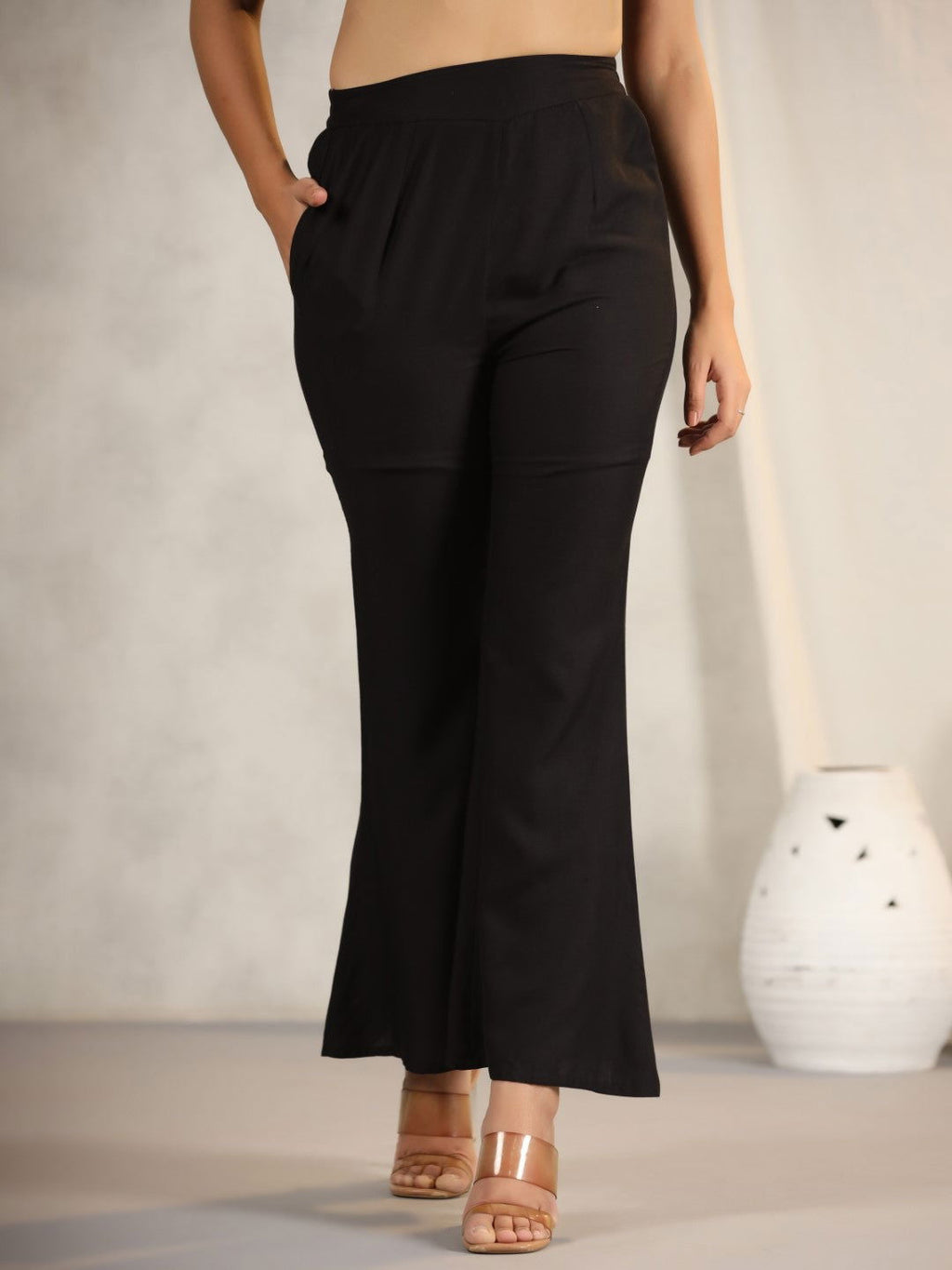 Juniper Women's Black Modal Rayon Women Partially Elasticated Bell Bottom Pants With Single Side Pocket | Grocsy