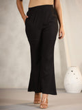 Juniper Women's Black Modal Rayon Women Partially Elasticated Bell Bottom Pants With Single Side Pocket | Grocsy