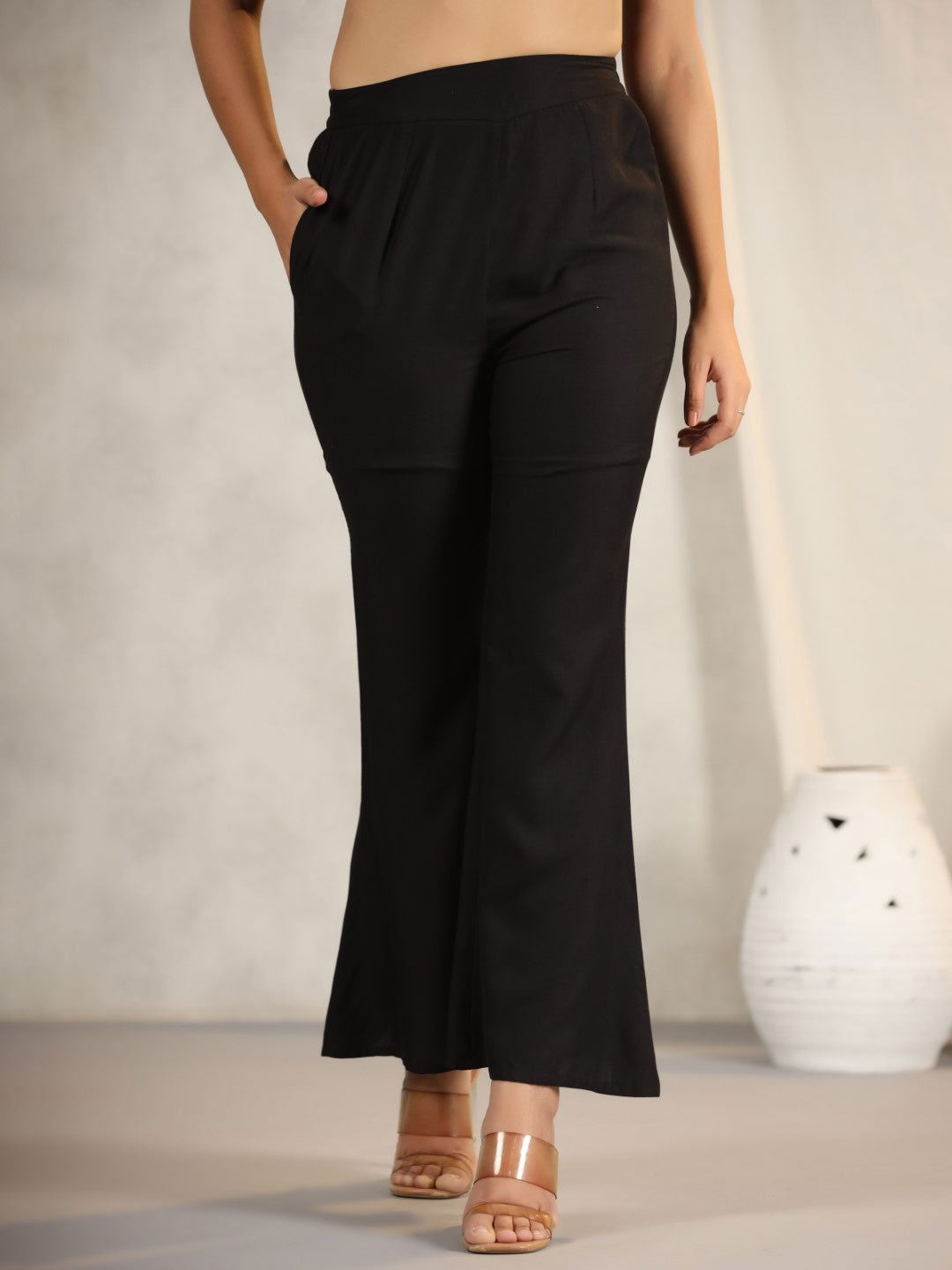 Juniper Women's Black Modal Rayon Women Partially Elasticated Bell Bottom Pants With Single Side Pocket | Grocsy