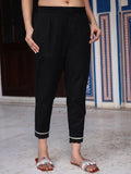 Juniper Black Solid Cotton Women Slim Fit Laced Pants With Single Side Pocket & Drawstring | Grocsy