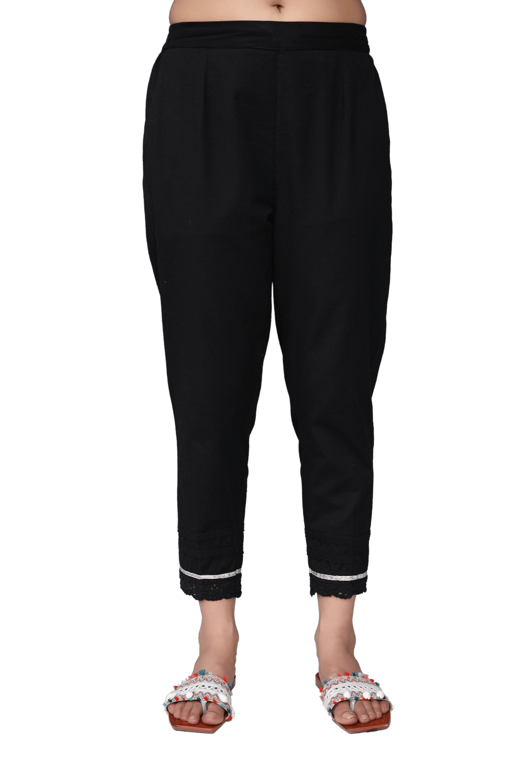 Juniper Black Solid Cotton Women Slim Fit Laced Pants With Single Side Pocket & Drawstring | Grocsy