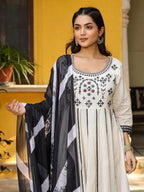 Juniper Women's Black & White Cotton Embroidered Anarkali Kurta Pants & Dupatta Set | Grocsy