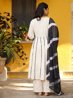 Juniper Women's Black & White Cotton Embroidered Anarkali Kurta Pants & Dupatta Set | Grocsy