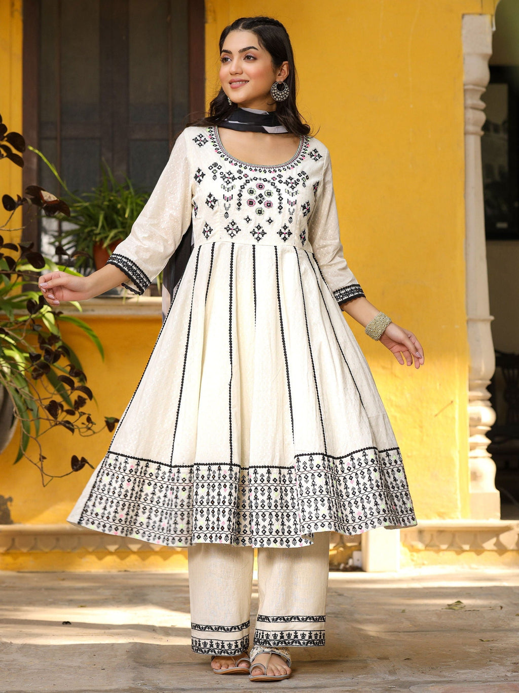 Juniper Women's Black & White Cotton Embroidered Anarkali Kurta Pants & Dupatta Set | Grocsy