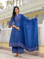 Juniper Blue Ethnic Motif Printed Cotton Kurta, Pant And Dupatta Set With Mirror Work | Grocsy