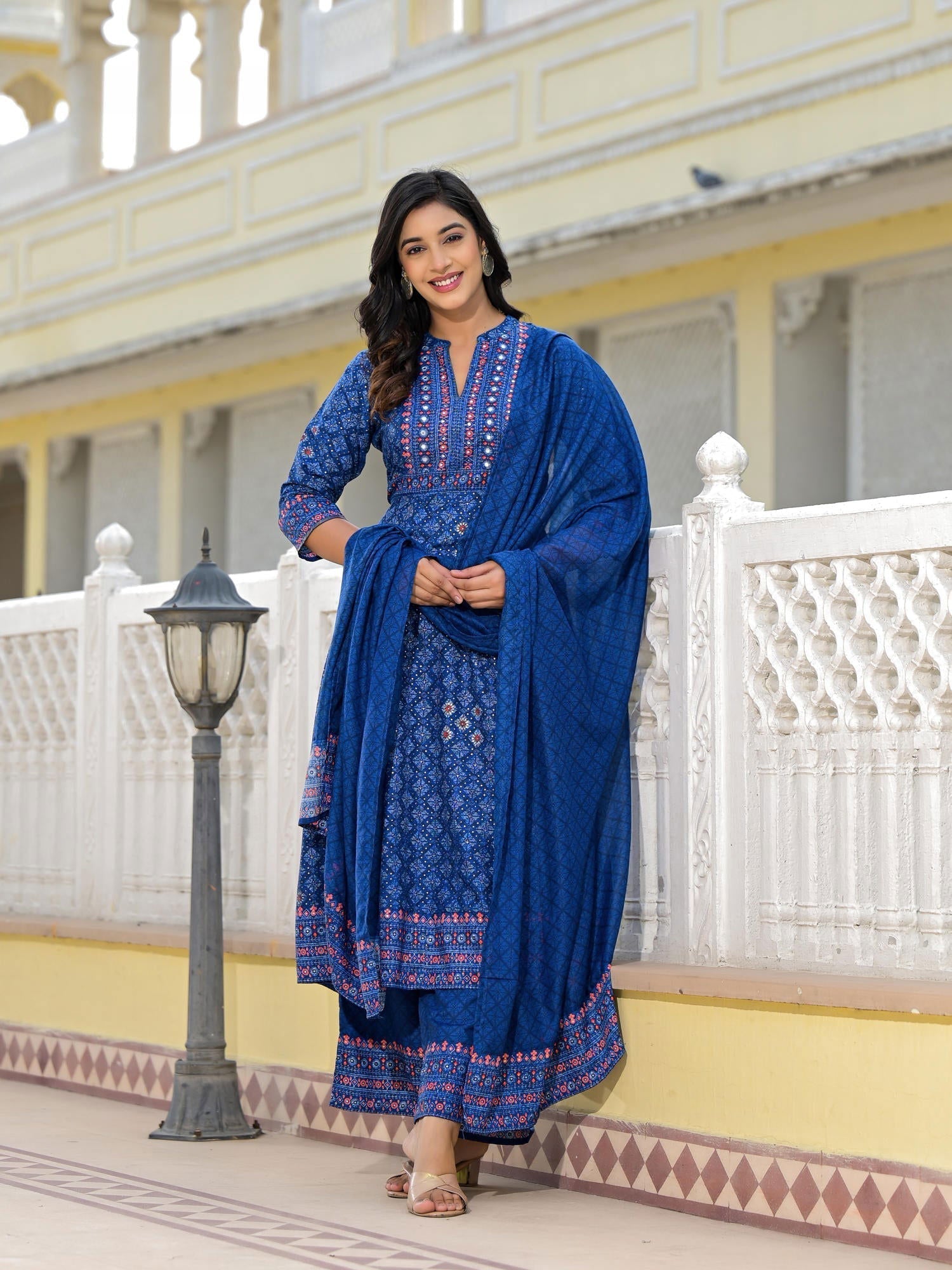 Juniper Blue Ethnic Motif Printed Cotton Kurta, Pant And Dupatta Set With Mirror Work | Grocsy
