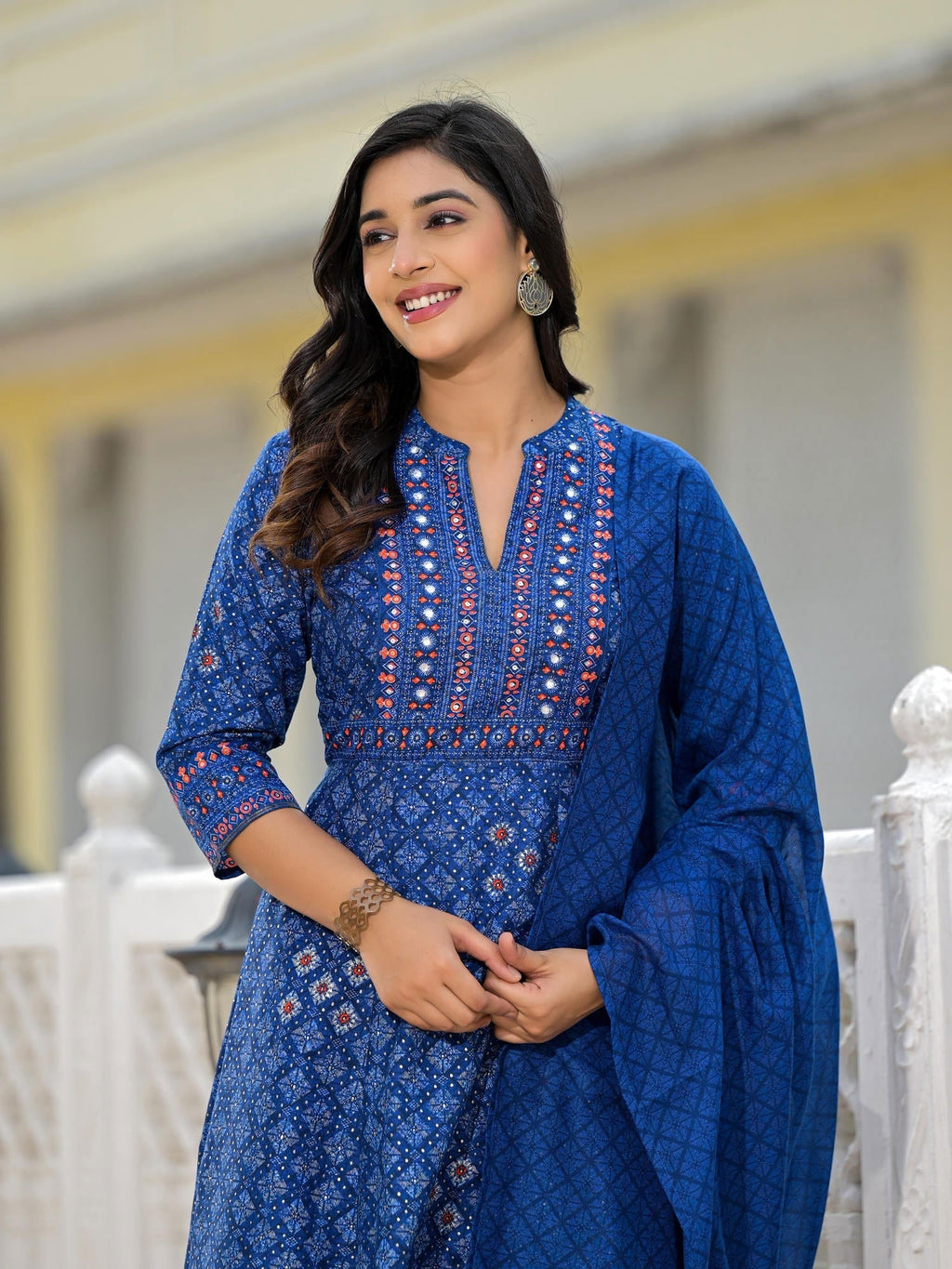 Juniper Blue Ethnic Motif Printed Cotton Kurta, Pant And Dupatta Set With Mirror Work | Grocsy