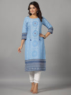 Juniper Women's Blue Ethnic Motif Printed Rayon Slub Kurta With Beads & Sequins | Grocsy