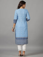 Juniper Women's Blue Ethnic Motif Printed Rayon Slub Kurta With Beads & Sequins | Grocsy