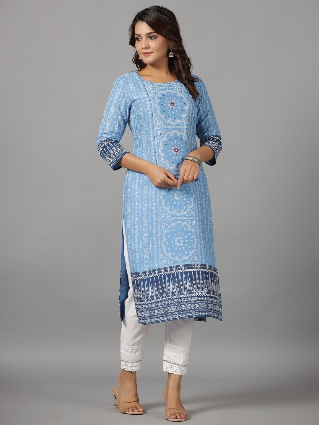 Juniper Women's Blue Ethnic Motif Printed Rayon Slub Kurta With Beads & Sequins | Grocsy