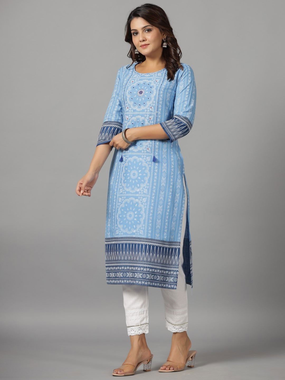 Juniper Women's Blue Ethnic Motif Printed Rayon Slub Kurta With Beads & Sequins | Grocsy