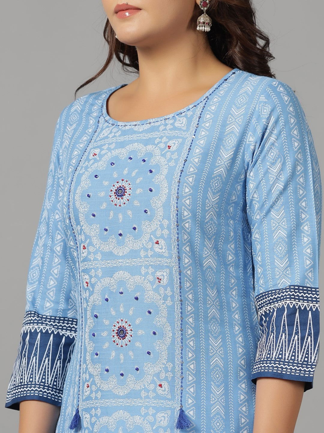 Juniper Women's Blue Ethnic Motif Printed Rayon Slub Kurta With Beads & Sequins | Grocsy