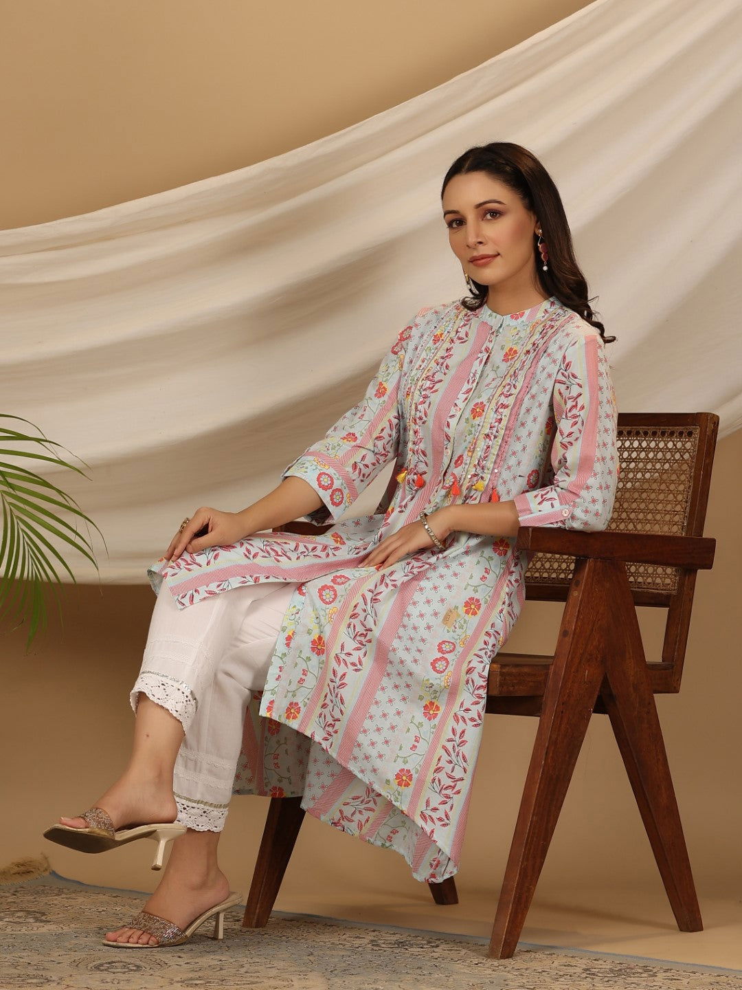 Juniper Blue Floral Printed Cotton Cambric Kurta With Sequins Work | Grocsy