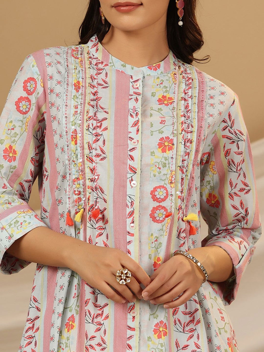 Juniper Blue Floral Printed Cotton Cambric Kurta With Sequins Work | Grocsy