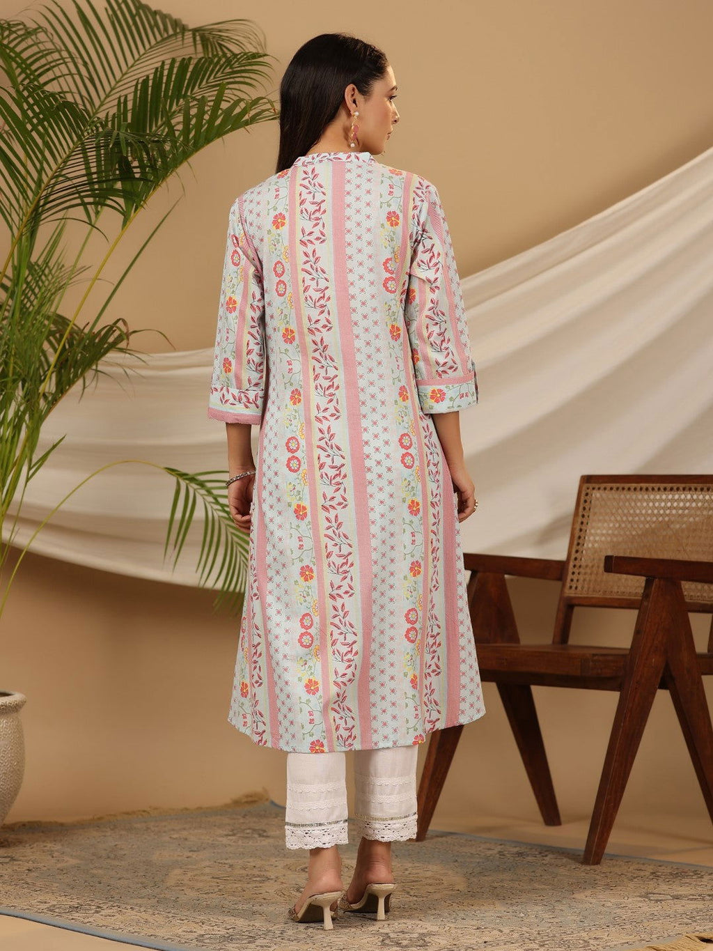 Juniper Blue Floral Printed Cotton Cambric Kurta With Sequins Work | Grocsy