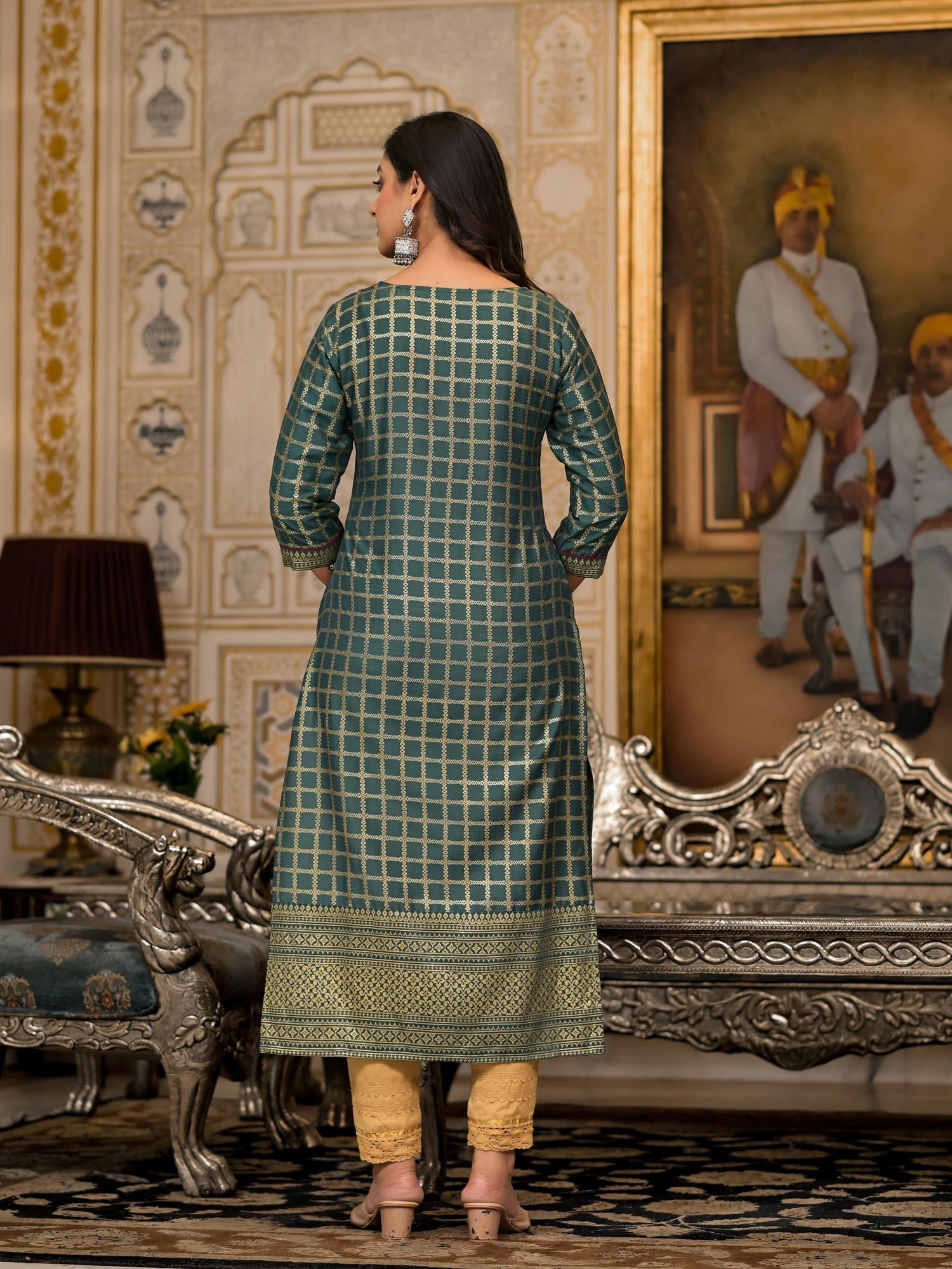 Juniper Bottle Green Ethnic Motif Printed Cotton Women Kurta With Dori Detail | Grocsy