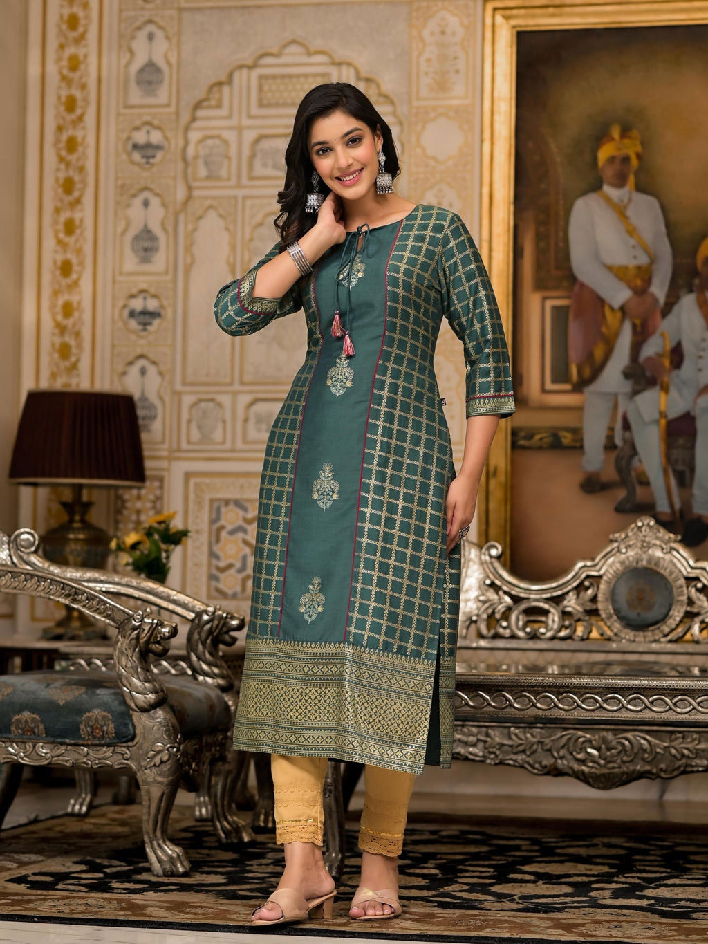 Juniper Bottle Green Ethnic Motif Printed Cotton Women Kurta With Dori Detail | Grocsy