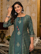 Juniper Bottle Green Ethnic Motif Printed Cotton Women Kurta With Dori Detail | Grocsy