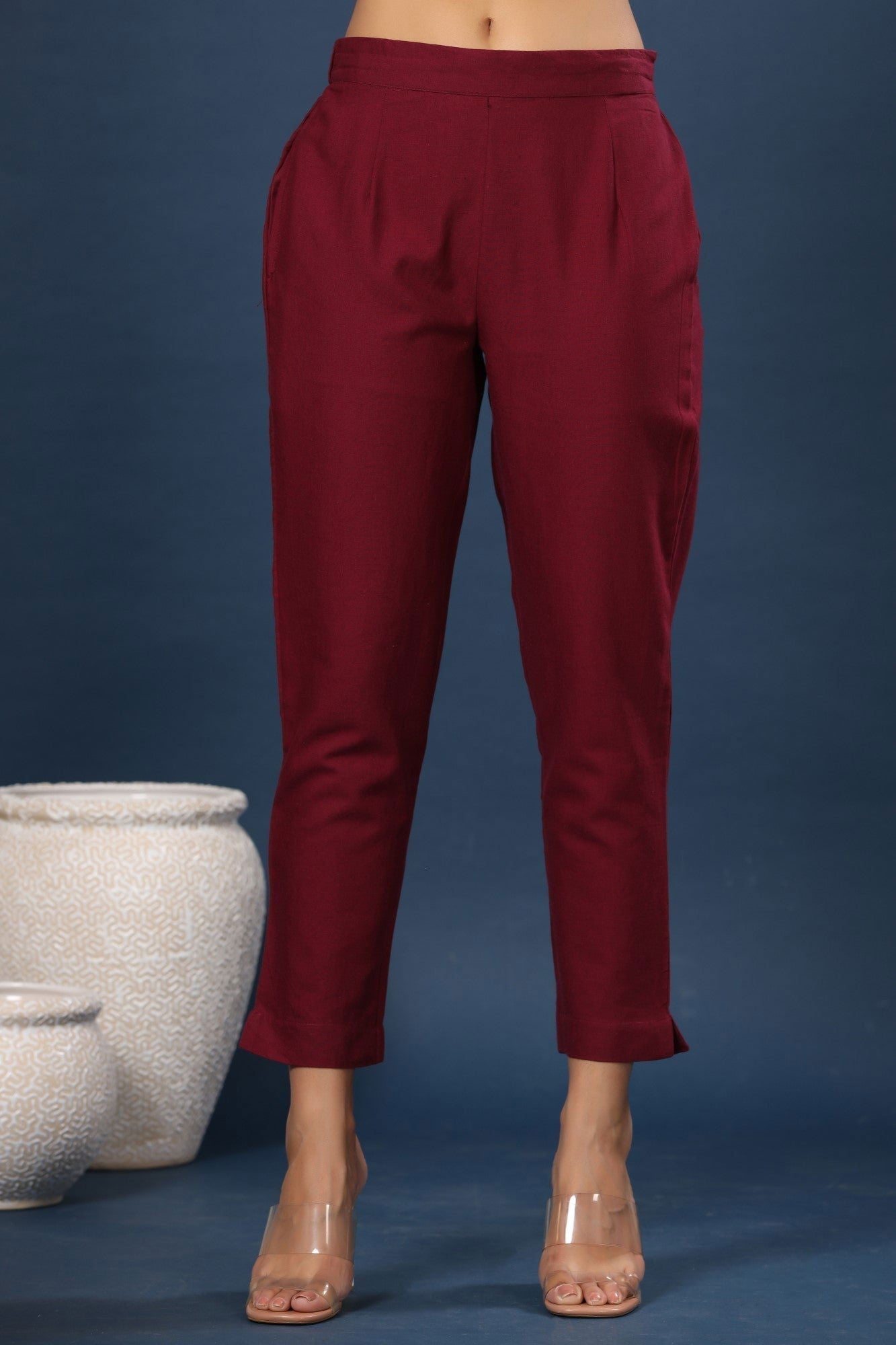 Juniper Burgundy Solid Cotton Flex Slim Fit Women Pants With Two Pockets | Grocsy