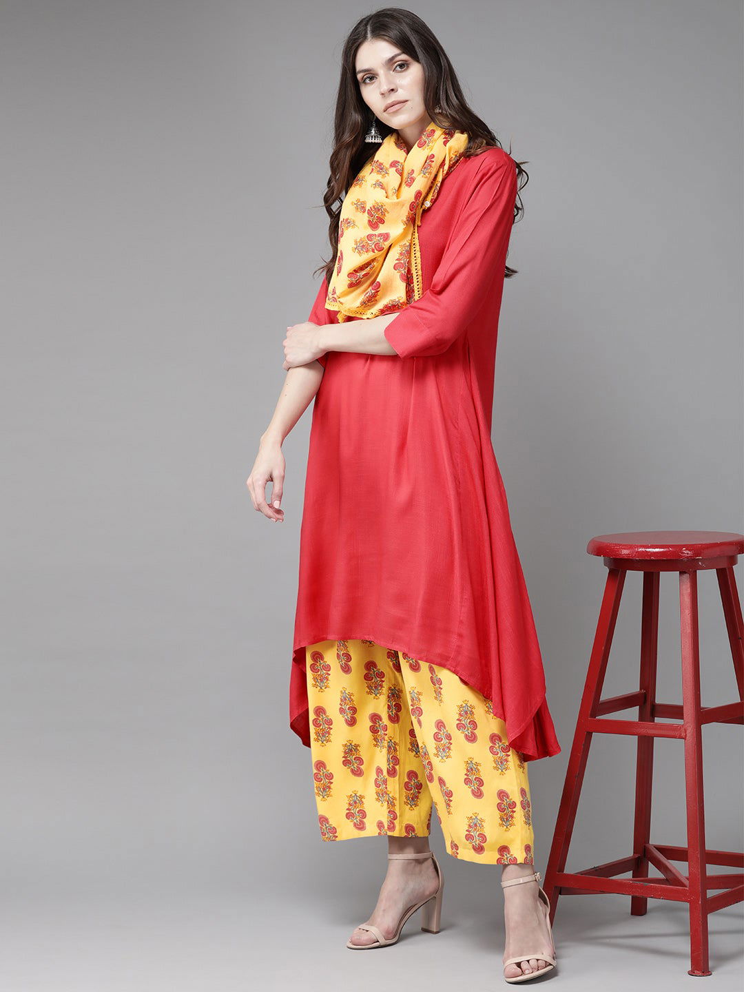 Juniper Women's Coral Solid With Printed Rayon Slub Kurta Palazzo & Cotton Dupatta With Tassels | Grocsy