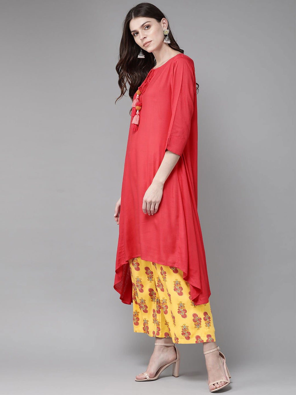 Juniper Women's Coral Solid With Printed Rayon Slub Kurta Palazzo & Cotton Dupatta With Tassels | Grocsy