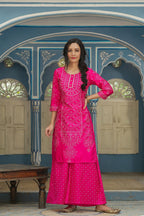 Juniper Women's Fuchsia Bandhani Printed Satin Kurta Palazzo & Net Dupatta Set With Beads & Lace Work | Grocsy