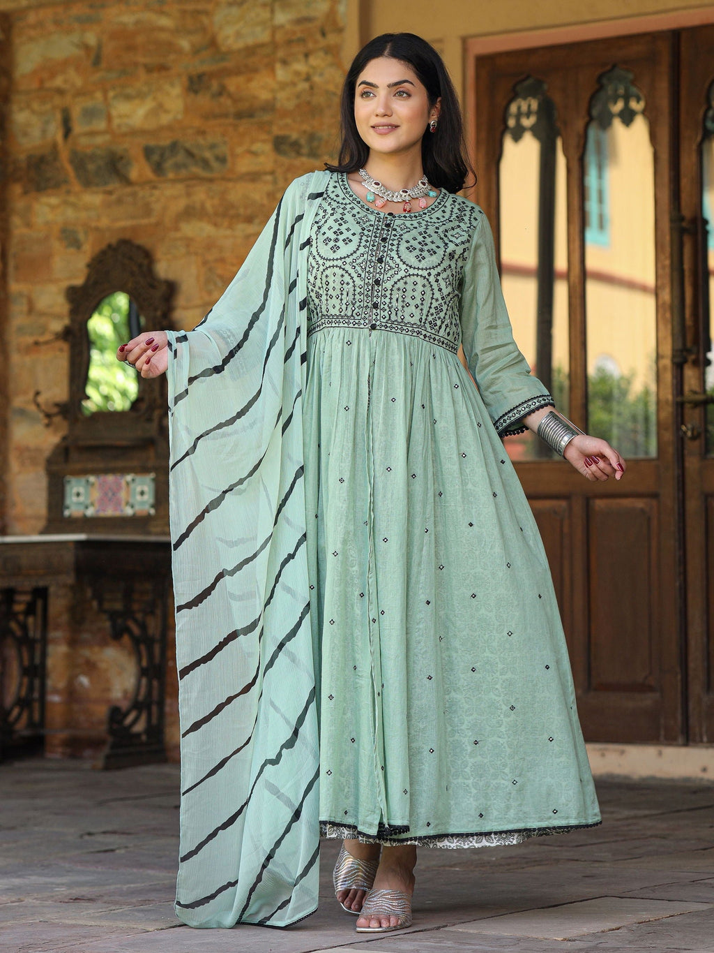 Juniper Women's Green & Black Cotton Embroidered Anarkali Dress With Jacket & Tie-Dye Dupatta | Grocsy