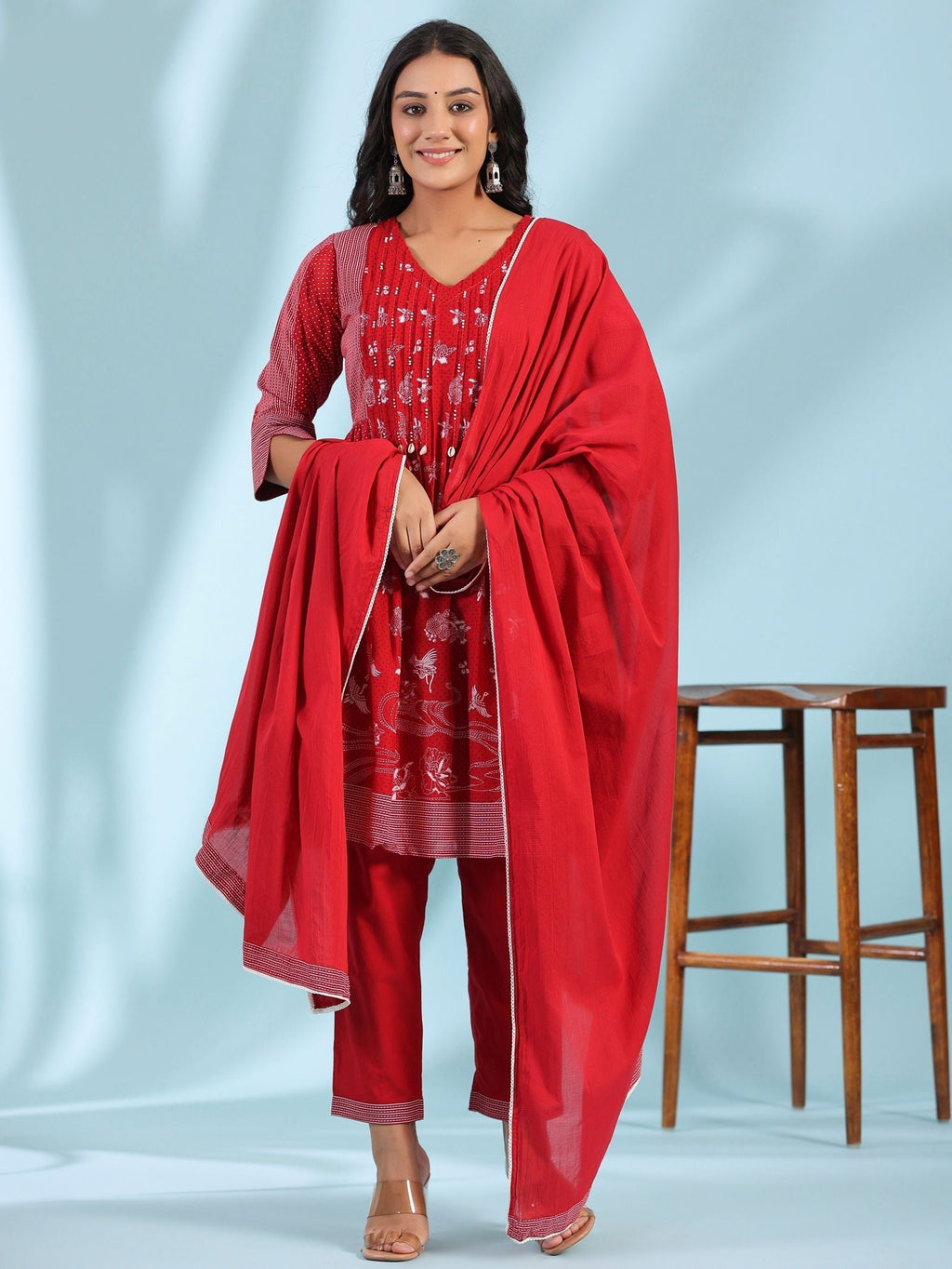 Juniper Red Ethnic Motif Printed Cotton Voile Kurta With Pant & Dupatta With Pintucks At Front & Beadwork | Grocsy