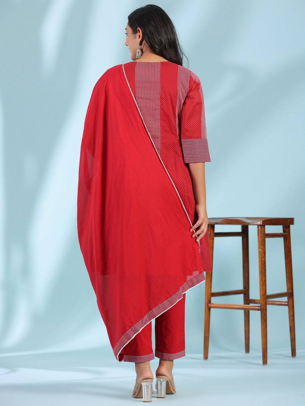 Juniper Red Ethnic Motif Printed Cotton Voile Kurta With Pant & Dupatta With Pintucks At Front & Beadwork | Grocsy